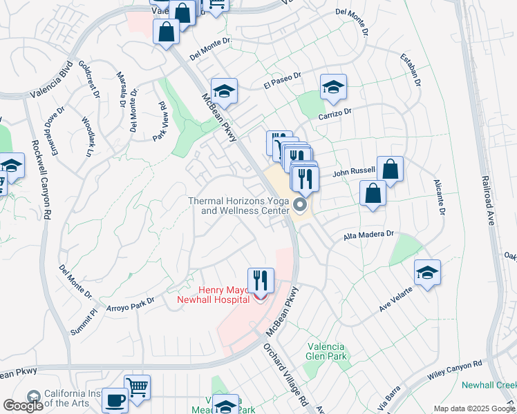 map of restaurants, bars, coffee shops, grocery stores, and more near 25841 McBean Parkway in Santa Clarita