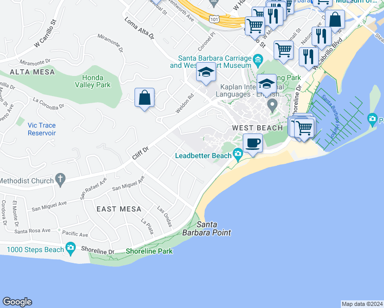 map of restaurants, bars, coffee shops, grocery stores, and more near 208 Oceano Avenue in Santa Barbara