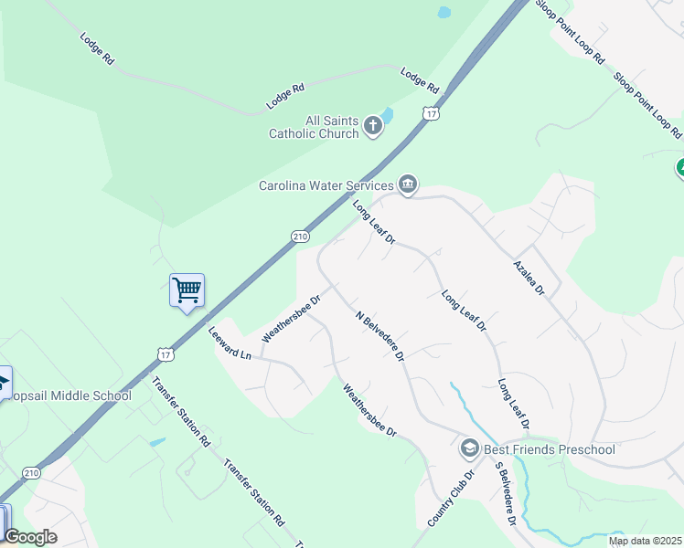 map of restaurants, bars, coffee shops, grocery stores, and more near 105 Spanish Moss Court in Hampstead