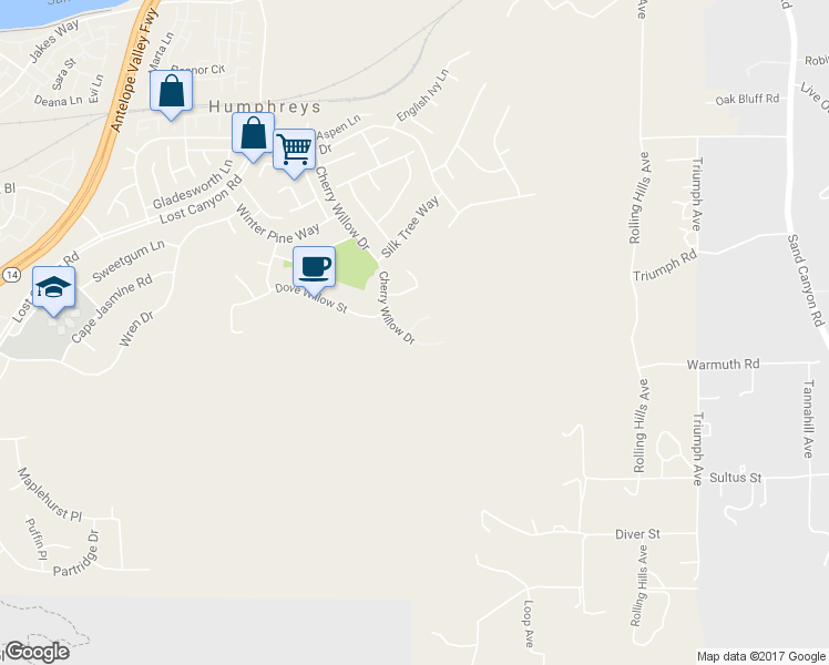 map of restaurants, bars, coffee shops, grocery stores, and more near 26856 Cherry Willow Drive in Santa Clarita