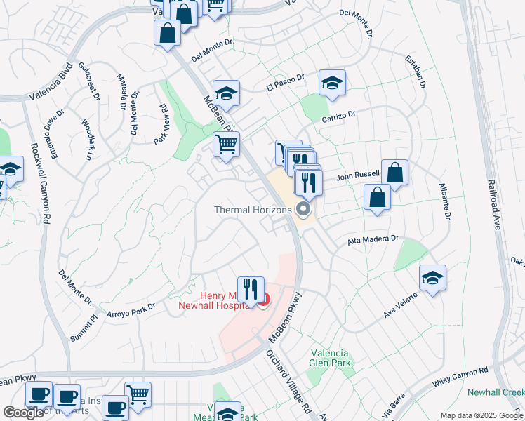 map of restaurants, bars, coffee shops, grocery stores, and more near 23930 Arroyo Park Drive in Santa Clarita