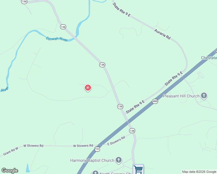 map of restaurants, bars, coffee shops, grocery stores, and more near 34 Spring Place in Dawsonville