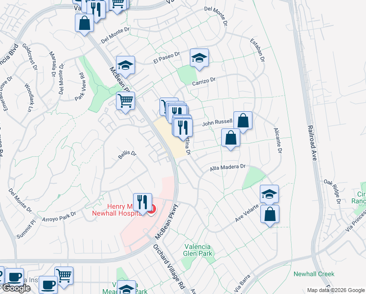 map of restaurants, bars, coffee shops, grocery stores, and more near 25852 McBean Parkway in Santa Clarita