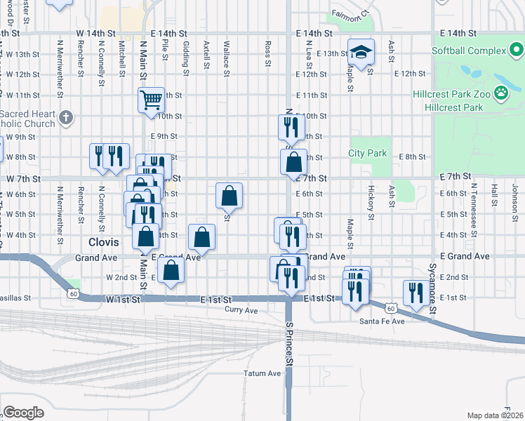 map of restaurants, bars, coffee shops, grocery stores, and more near 413 Sheldon Street in Clovis