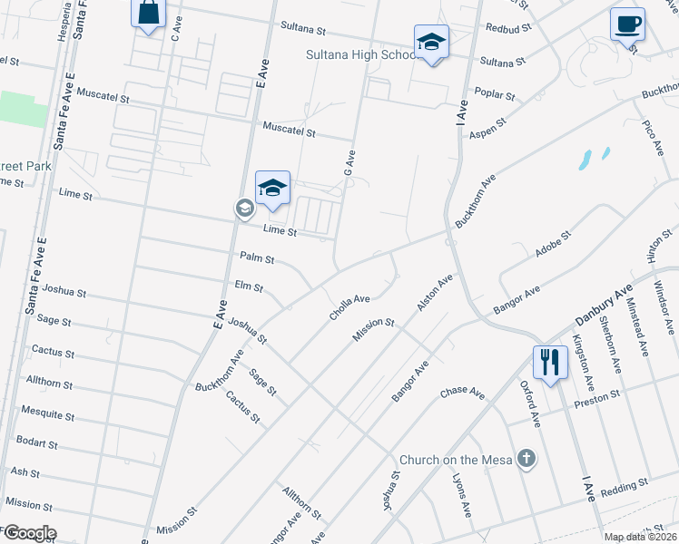 map of restaurants, bars, coffee shops, grocery stores, and more near 8350 G Avenue in Hesperia