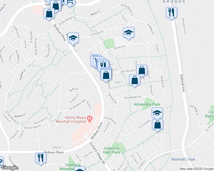 map of restaurants, bars, coffee shops, grocery stores, and more near 25852 McBean Parkway in Santa Clarita