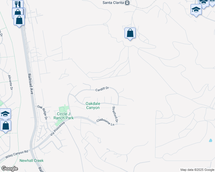 map of restaurants, bars, coffee shops, grocery stores, and more near 22435 Cardiff Drive in Santa Clarita