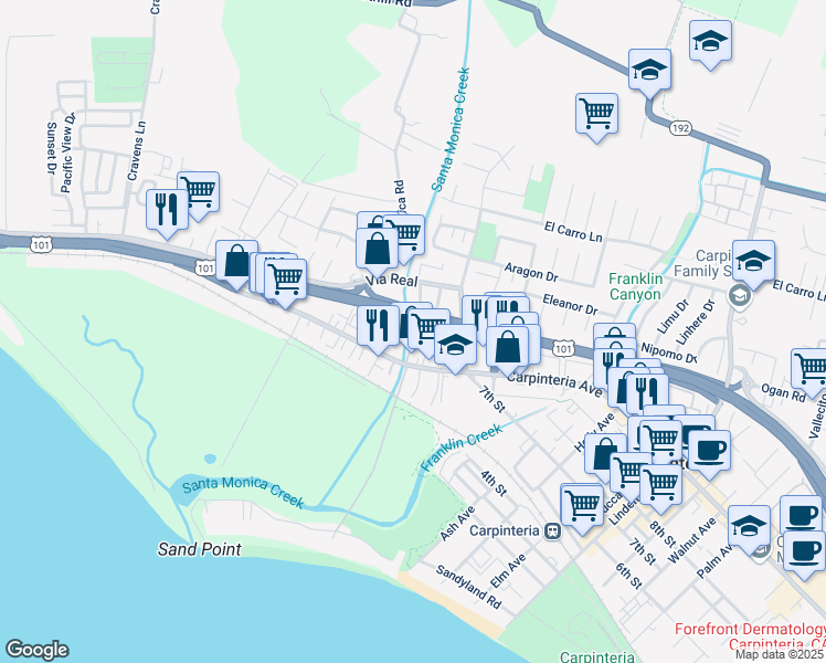 map of restaurants, bars, coffee shops, grocery stores, and more near 4488 Carpinteria Avenue in Carpinteria