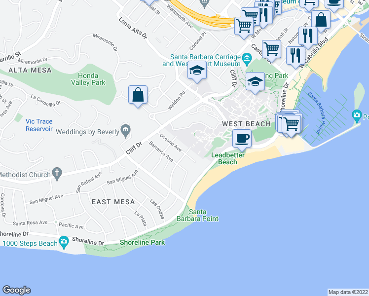 map of restaurants, bars, coffee shops, grocery stores, and more near 123 Oceano Avenue in Santa Barbara