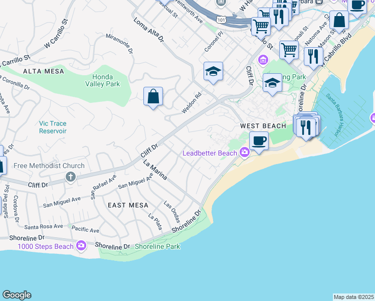 map of restaurants, bars, coffee shops, grocery stores, and more near 220 Barranca Avenue in Santa Barbara