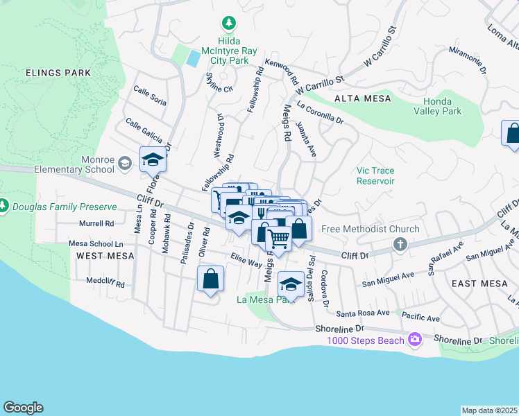 map of restaurants, bars, coffee shops, grocery stores, and more near 1915 Red Rose Way in Santa Barbara