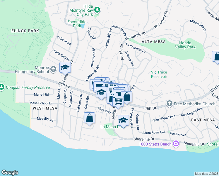 map of restaurants, bars, coffee shops, grocery stores, and more near 1915 Red Rose Way in Santa Barbara