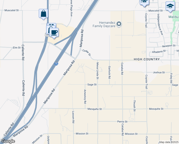 map of restaurants, bars, coffee shops, grocery stores, and more near 12435 Joshua Street in Hesperia
