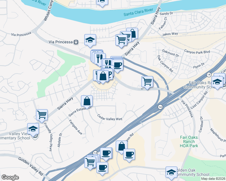 map of restaurants, bars, coffee shops, grocery stores, and more near 18734 Vista Del Canon in Santa Clarita