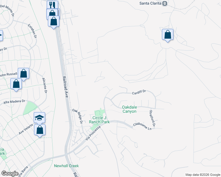 map of restaurants, bars, coffee shops, grocery stores, and more near 22703 Derby Place in Santa Clarita