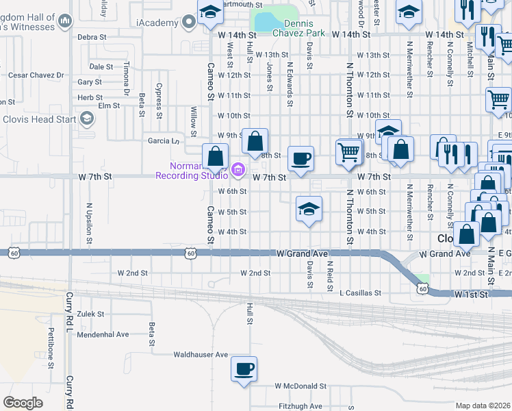 map of restaurants, bars, coffee shops, grocery stores, and more near 416 Jones St in Clovis