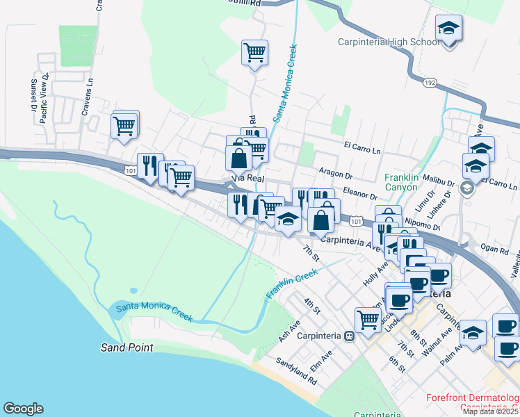 map of restaurants, bars, coffee shops, grocery stores, and more near 4488 Carpinteria Avenue in Carpinteria