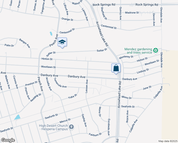 map of restaurants, bars, coffee shops, grocery stores, and more near 18699 Westlawn Street in Hesperia