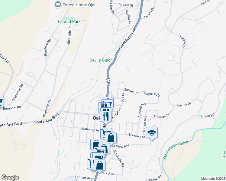 map of restaurants, bars, coffee shops, grocery stores, and more near 82 Arnaz Drive in Oak View