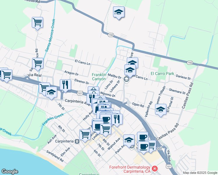 map of restaurants, bars, coffee shops, grocery stores, and more near 4885 Nipomo Drive in Carpinteria