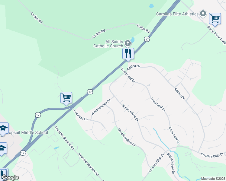 map of restaurants, bars, coffee shops, grocery stores, and more near 160 North Belvedere Drive in Hampstead