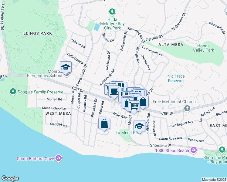 map of restaurants, bars, coffee shops, grocery stores, and more near 21 Camino Calma in Santa Barbara