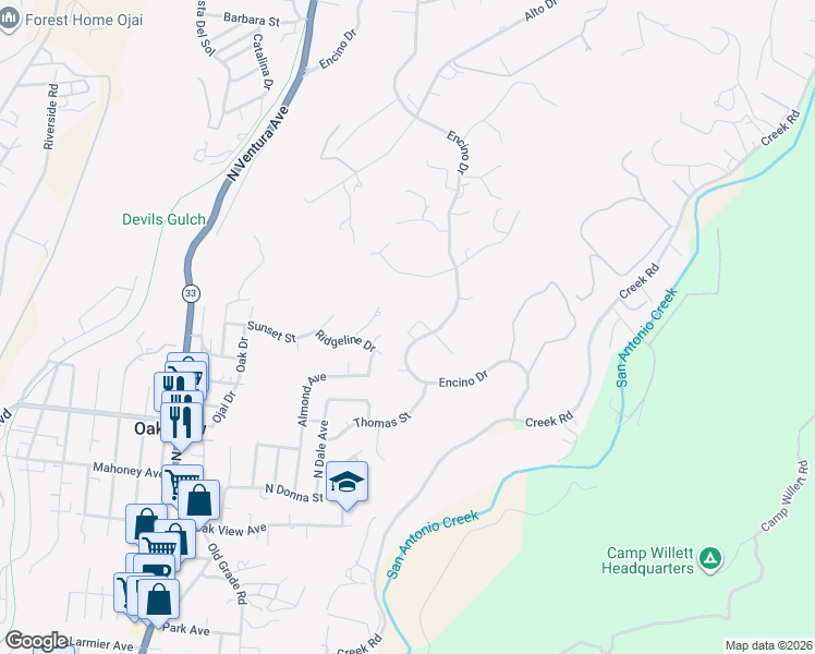 map of restaurants, bars, coffee shops, grocery stores, and more near 10681 Encino Drive in Oak View