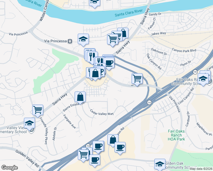 map of restaurants, bars, coffee shops, grocery stores, and more near 18716 Vista Del Canon in Santa Clarita