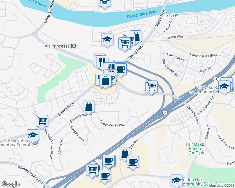 map of restaurants, bars, coffee shops, grocery stores, and more near 18716 Vista Del Canon in Santa Clarita