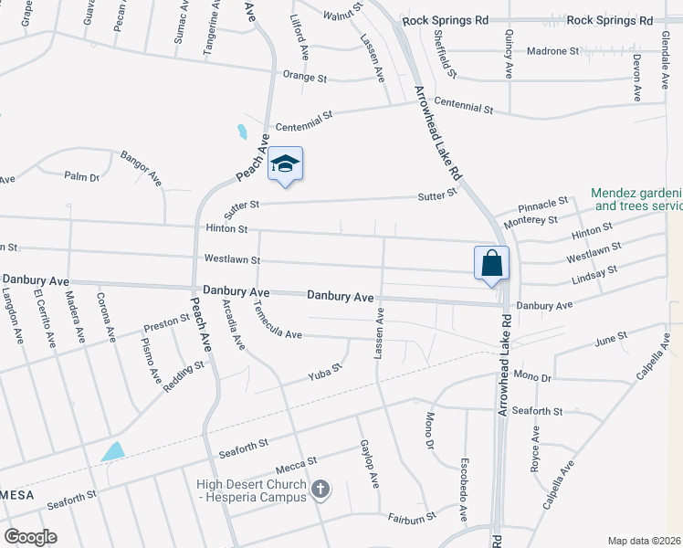 map of restaurants, bars, coffee shops, grocery stores, and more near 18598 Westlawn Street in Hesperia