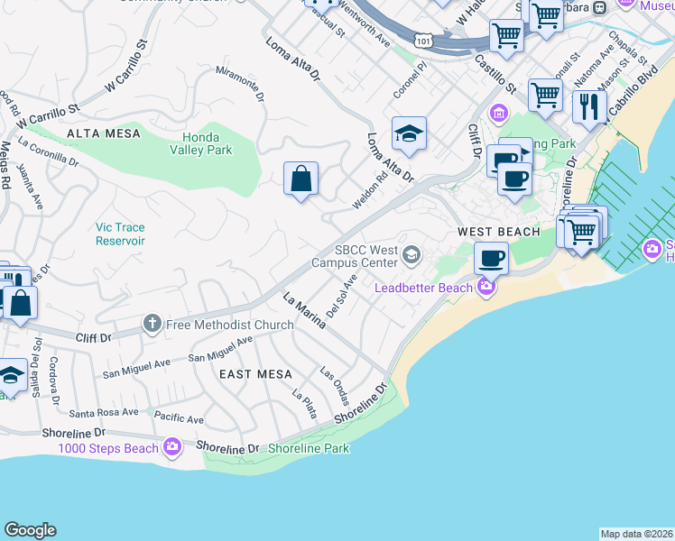 map of restaurants, bars, coffee shops, grocery stores, and more near 1035 Cliff Drive in Santa Barbara