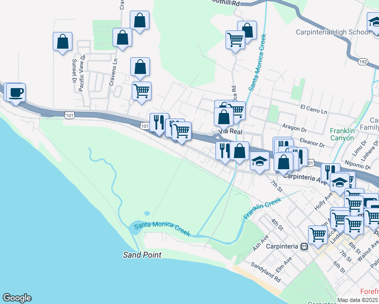 map of restaurants, bars, coffee shops, grocery stores, and more near 4228 Carpinteria Avenue in Carpinteria