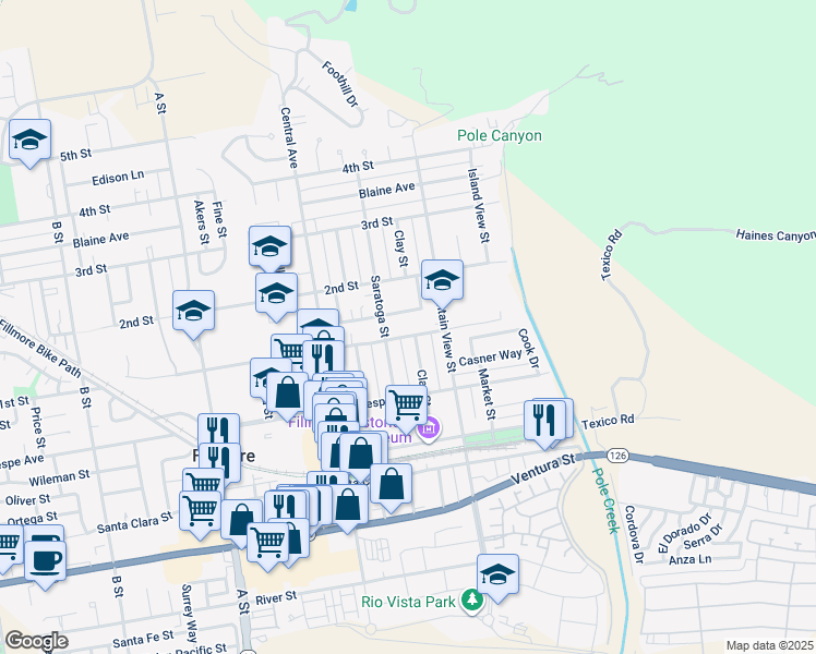 map of restaurants, bars, coffee shops, grocery stores, and more near 341 1st Street in Fillmore