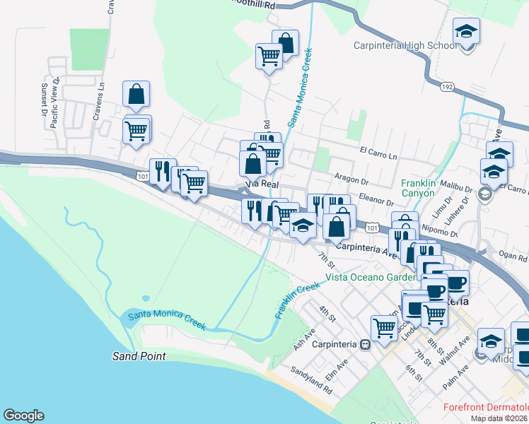 map of restaurants, bars, coffee shops, grocery stores, and more near 4405 Via Real in Carpinteria