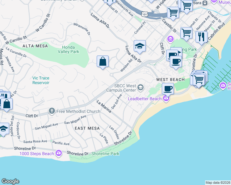 map of restaurants, bars, coffee shops, grocery stores, and more near 1035 Cliff Drive in Santa Barbara