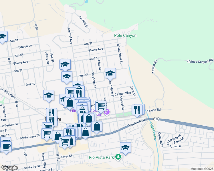 map of restaurants, bars, coffee shops, grocery stores, and more near 315 1st Street in Fillmore