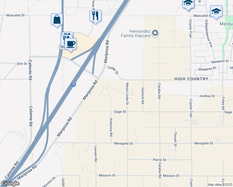 map of restaurants, bars, coffee shops, grocery stores, and more near 12435 Joshua Street in Hesperia