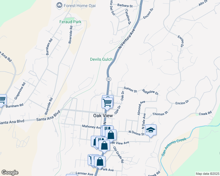 map of restaurants, bars, coffee shops, grocery stores, and more near 1118 North Ventura Avenue in Oak View