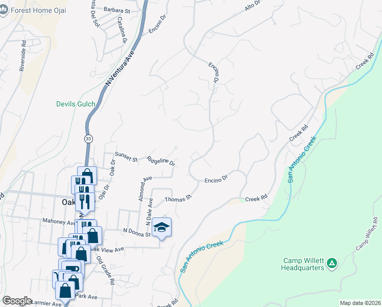 map of restaurants, bars, coffee shops, grocery stores, and more near 10681 Encino Drive in Oak View
