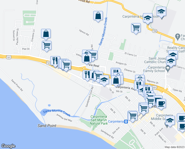 map of restaurants, bars, coffee shops, grocery stores, and more near 4400 Carpinteria Avenue in Carpinteria