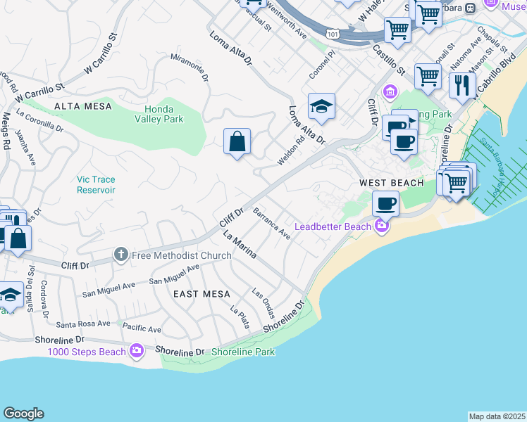 map of restaurants, bars, coffee shops, grocery stores, and more near 324 Barranca Avenue in Santa Barbara