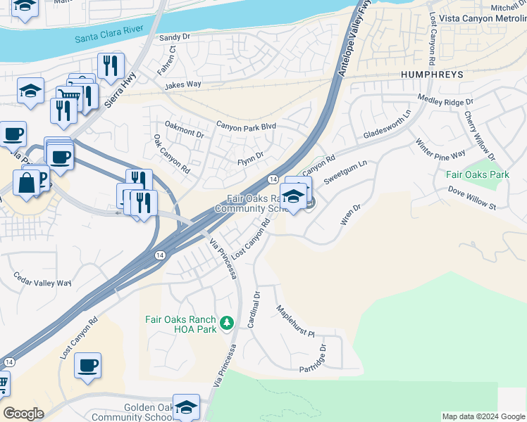 map of restaurants, bars, coffee shops, grocery stores, and more near 17947 Lost Canyon Road in Los Angeles County