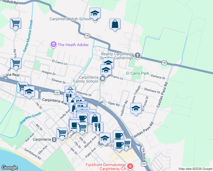 map of restaurants, bars, coffee shops, grocery stores, and more near 1480 Linden Avenue in Carpinteria