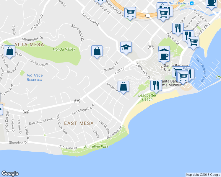 map of restaurants, bars, coffee shops, grocery stores, and more near 310 Oceano Avenue in Santa Barbara