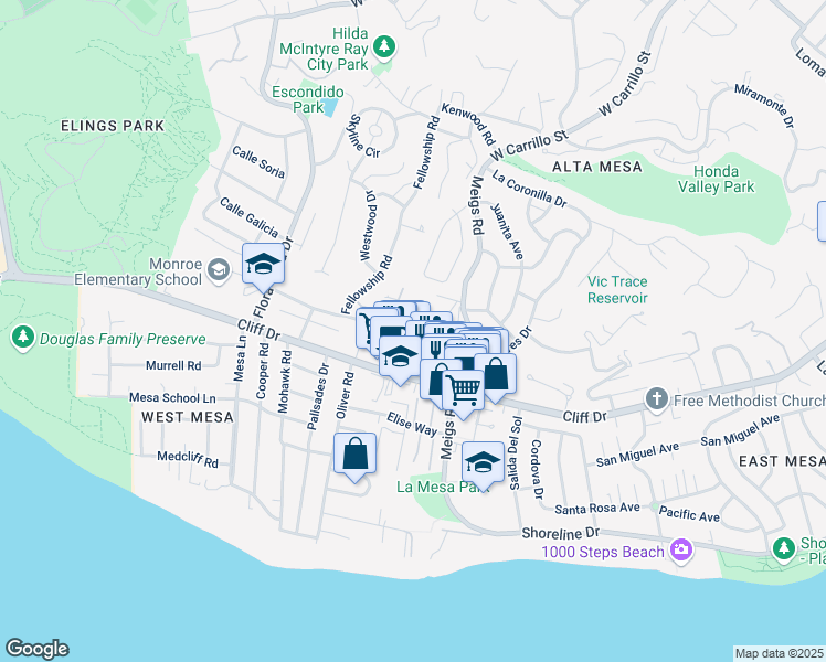 map of restaurants, bars, coffee shops, grocery stores, and more near 515 Red Rose Lane in Santa Barbara