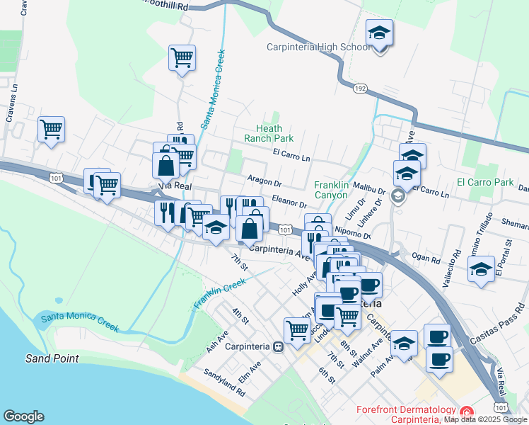 map of restaurants, bars, coffee shops, grocery stores, and more near 1319 Delta Avenue in Carpinteria