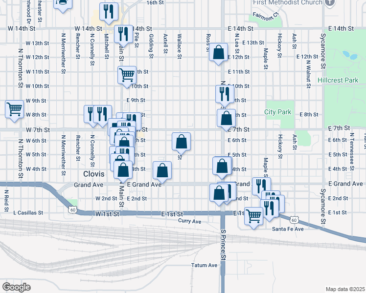 map of restaurants, bars, coffee shops, grocery stores, and more near 515 Wallace Street in Clovis