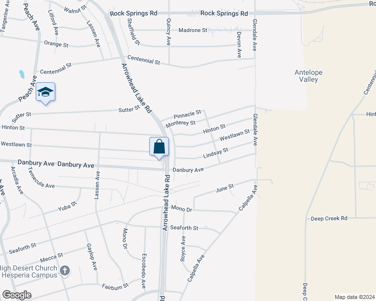 map of restaurants, bars, coffee shops, grocery stores, and more near 19031 Westlawn Street in Hesperia