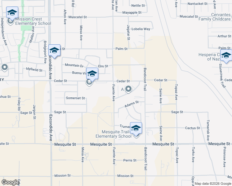 map of restaurants, bars, coffee shops, grocery stores, and more near 8424 Hoover Court in Hesperia