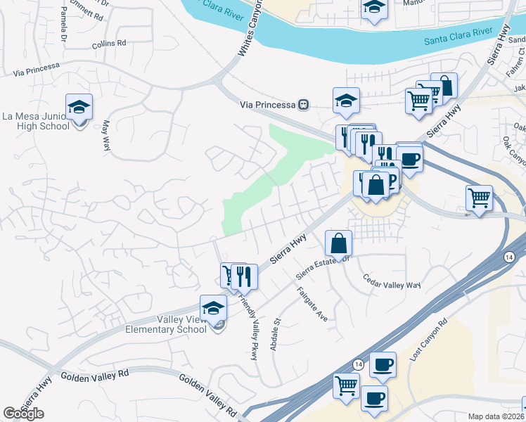 map of restaurants, bars, coffee shops, grocery stores, and more near 19115 Avenue Of The Oaks in Santa Clarita